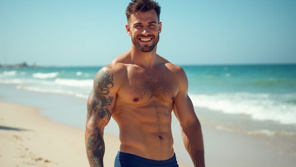 Handsome Man with Tattoos at the Beach