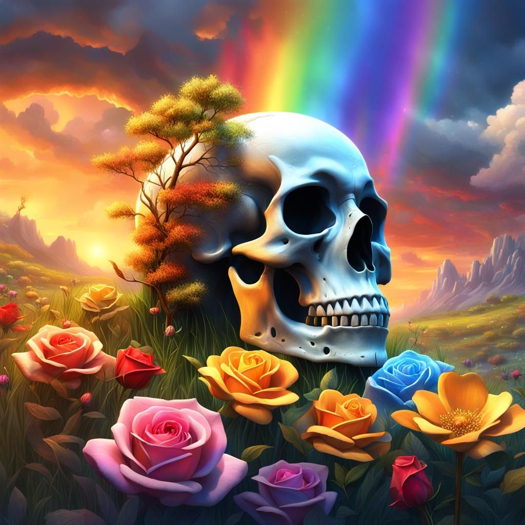 Surreal Skull in Lush Meadow with Rainbow Fire