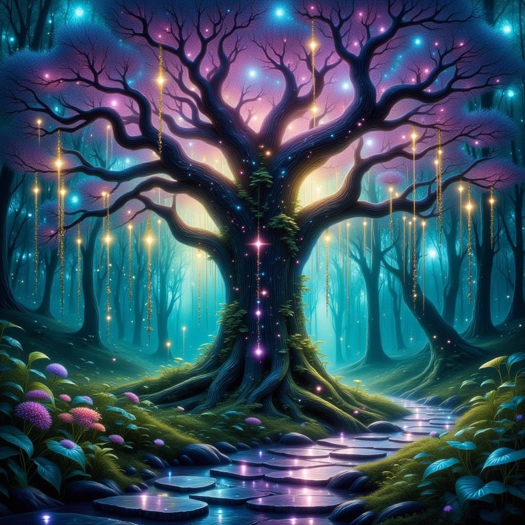 Surreal Bioluminescent Willow Tree in Enchanted Forest