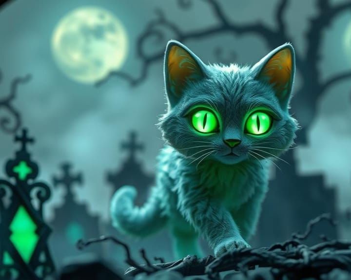 Bioluminescent Ghost Cat in Gothic Graveyard