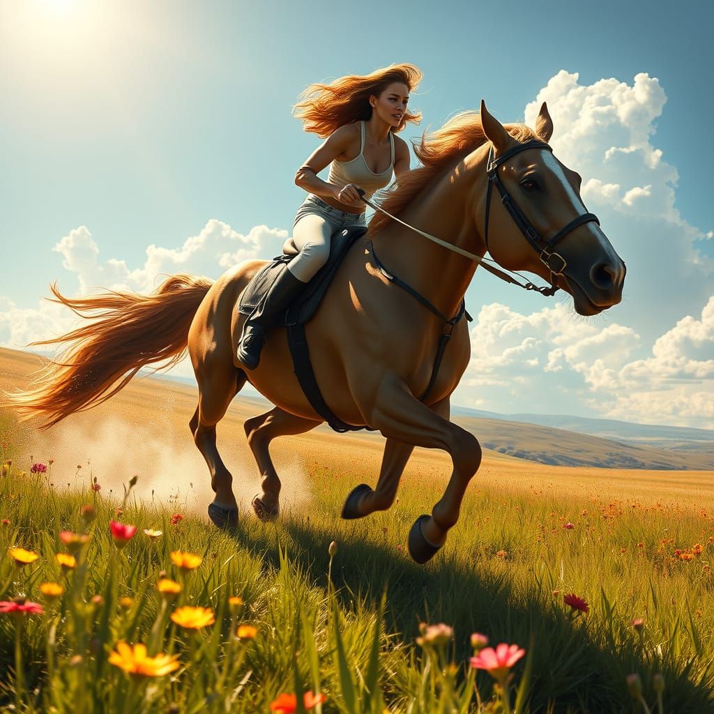 Majestic Woman Rides Horse Through Vibrant Meadow in Cyberpu...