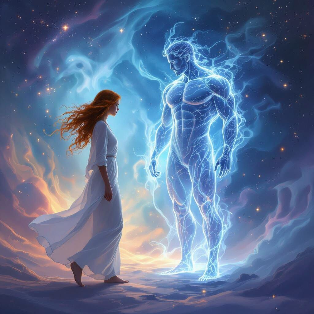 Surreal Woman Walks Through Mist Man in Cosmic Nebula