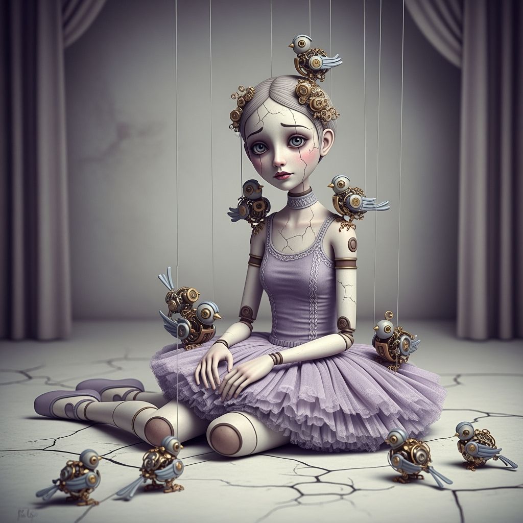 Eerie Puppet Girl with Mechanical Birds in Pastel