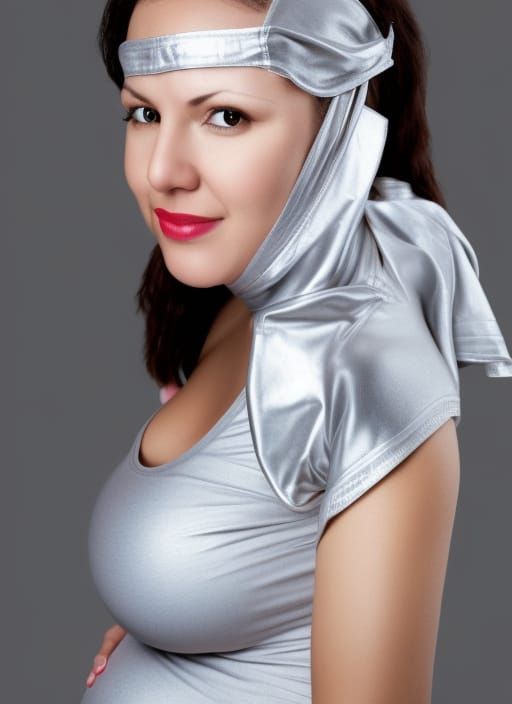 Pregnant Woman in Silver Catsuit and Mask