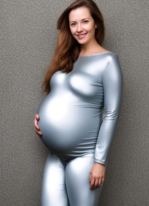 Pregnant Woman in Silver Catsuit and Mask Portrait