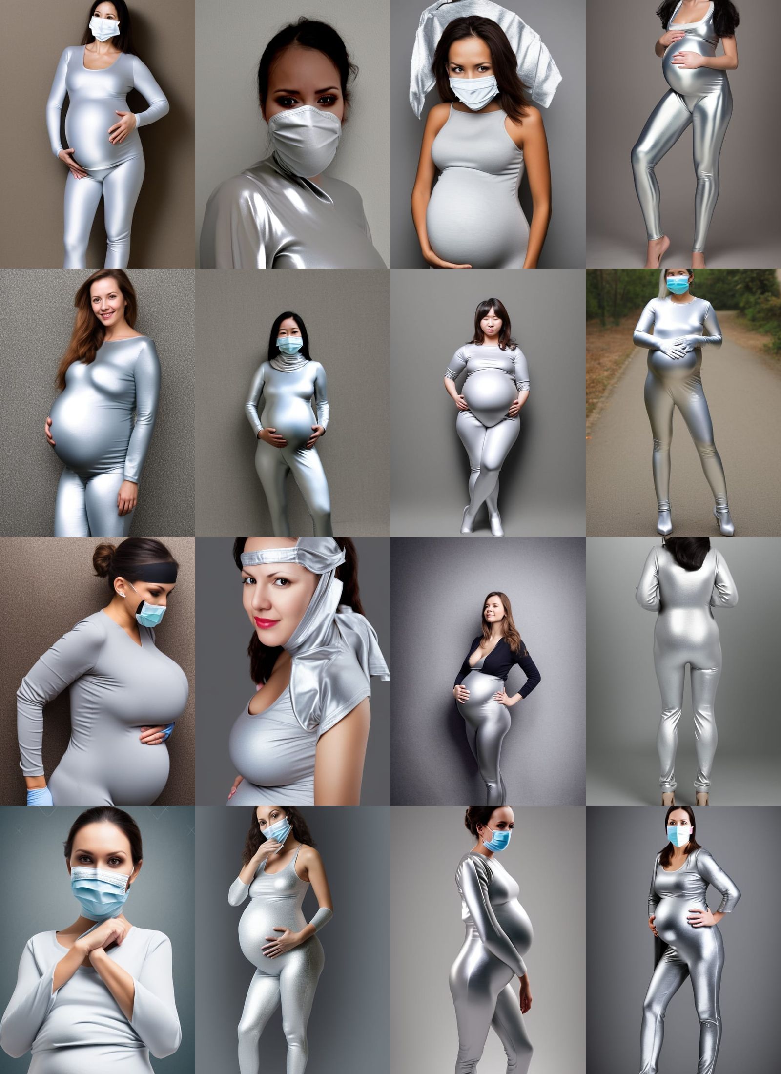Pregnant Woman in Silver Catsuit and Mask Portrait
