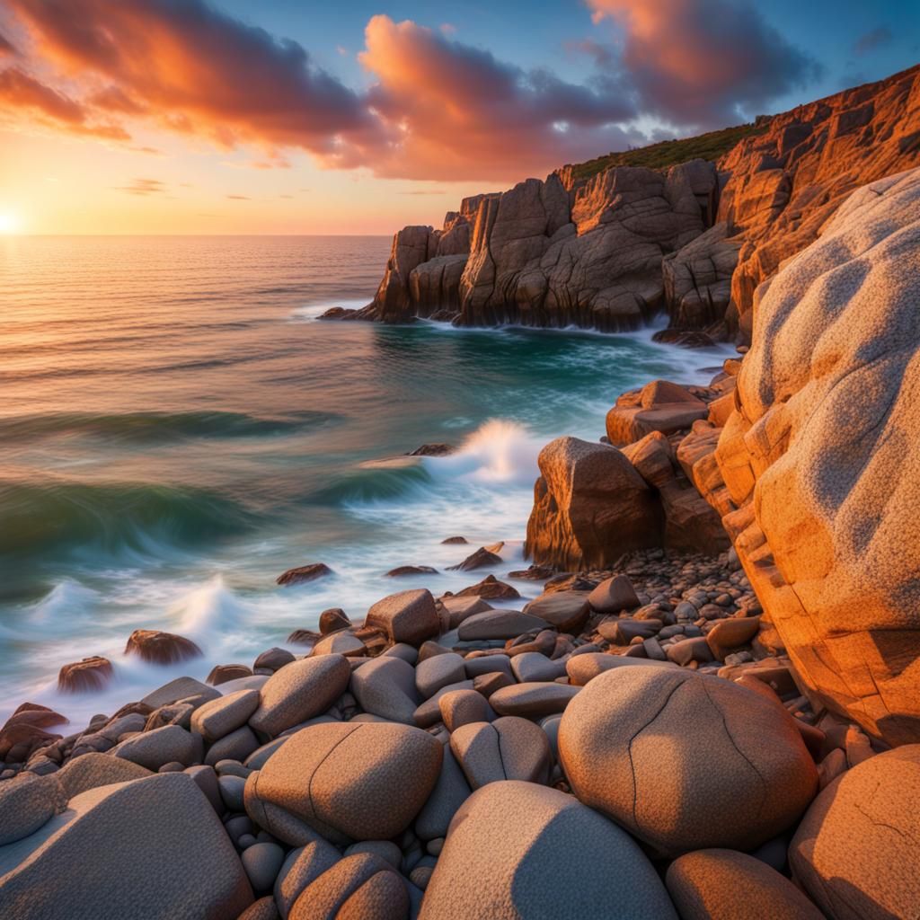Sunset Over Rocky Coastline: Hyperrealistic Photography