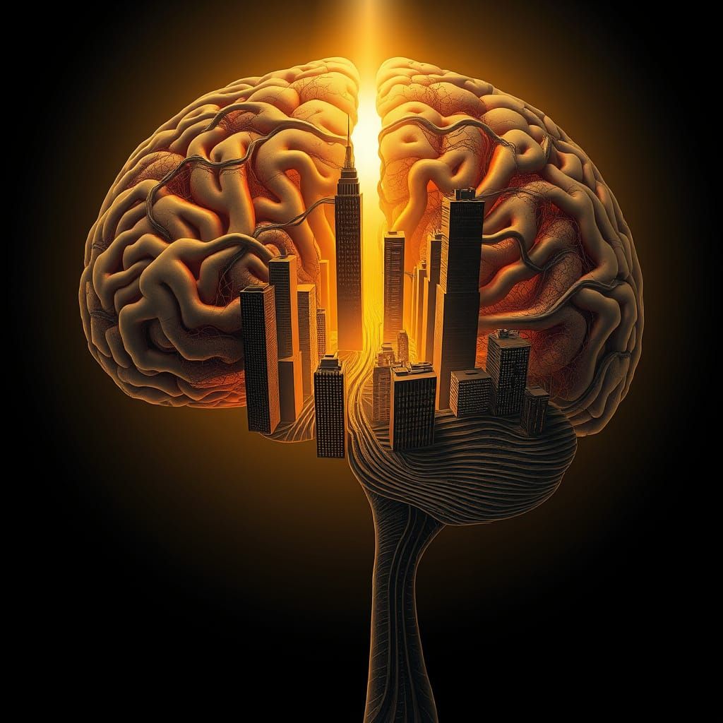Surreal Cityscape Unfolds Within the Human Mind