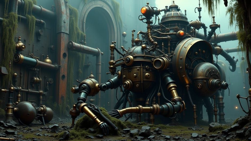 Overgrown Alien Industrial Plant in Steampunk Style