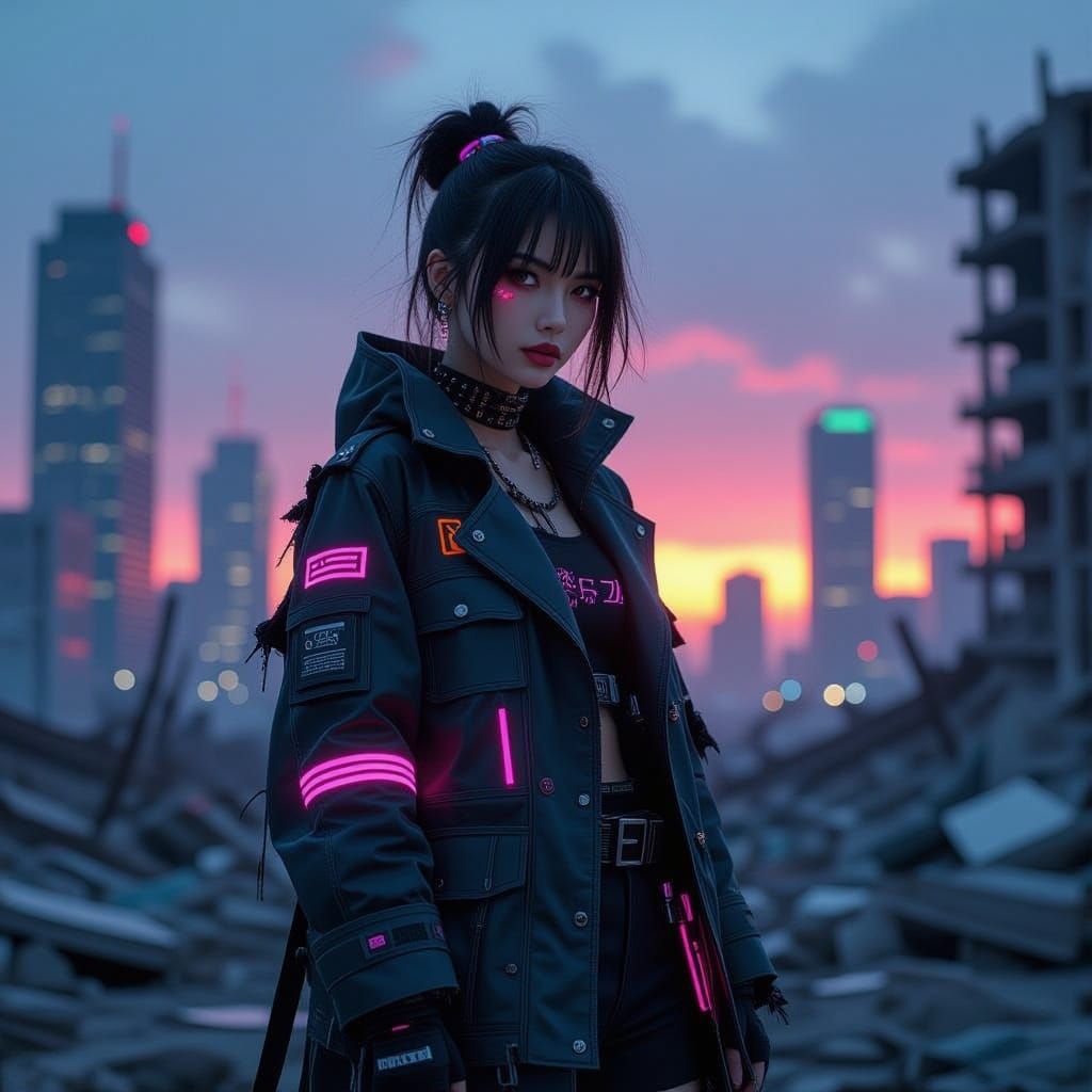 Japanese Woman in Dystopian Fashion Amidst Futuristic City R...