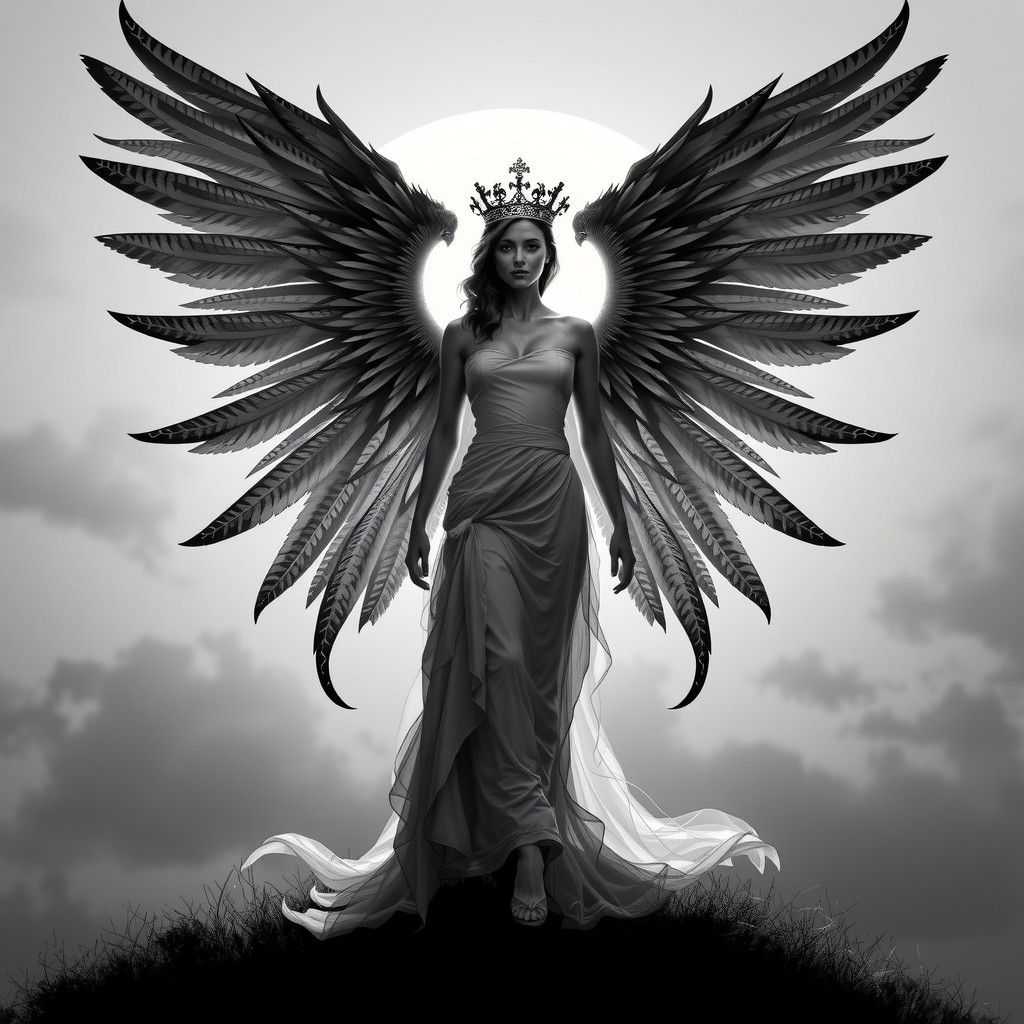 Winged Woman Before Sun: Dramatic Fantasy Art