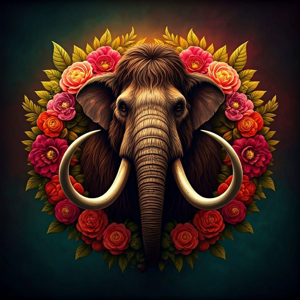 Ethereal High-Fantasy Flower Wreath with Majestic Mammoth