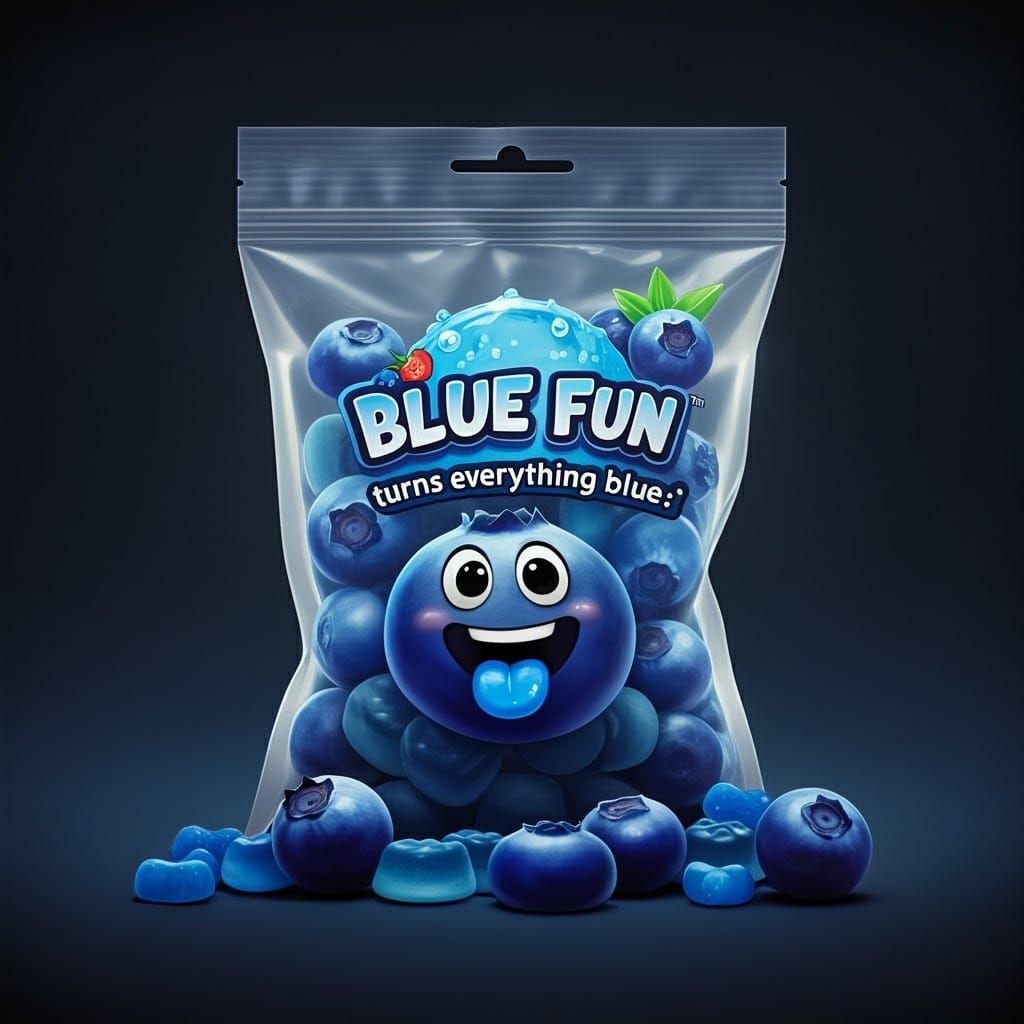Blue Gummy Candy Bag with Blueberry Cartoon