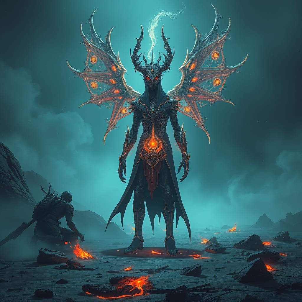 Mystical Elemental in Desolate Ethereal Landscape