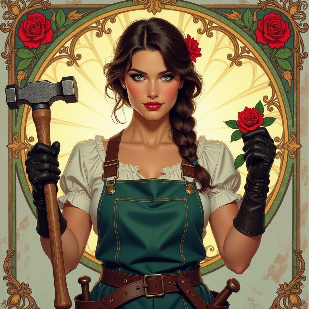 Muscular Blacksmith with Rose in Dramatic Art Nouveau