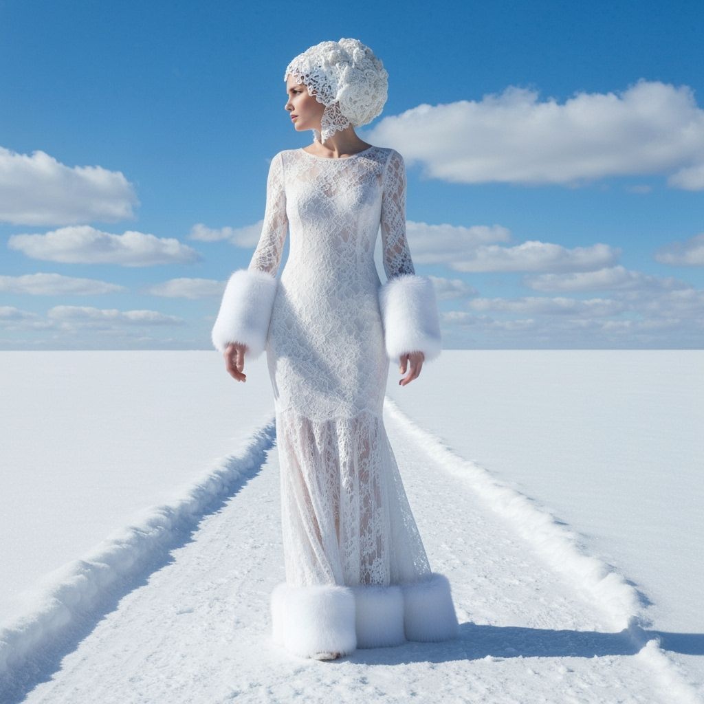 Ethereal Woman in White Lace on Snowy Path