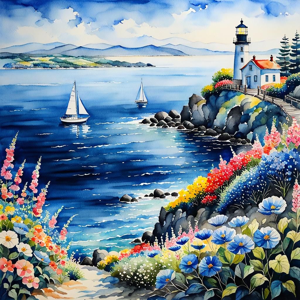 Watercolor Sea with Lighthouse and Yacht