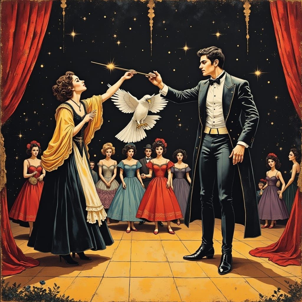 Magical Pop-Art Scene with Black Magic and a Falcon