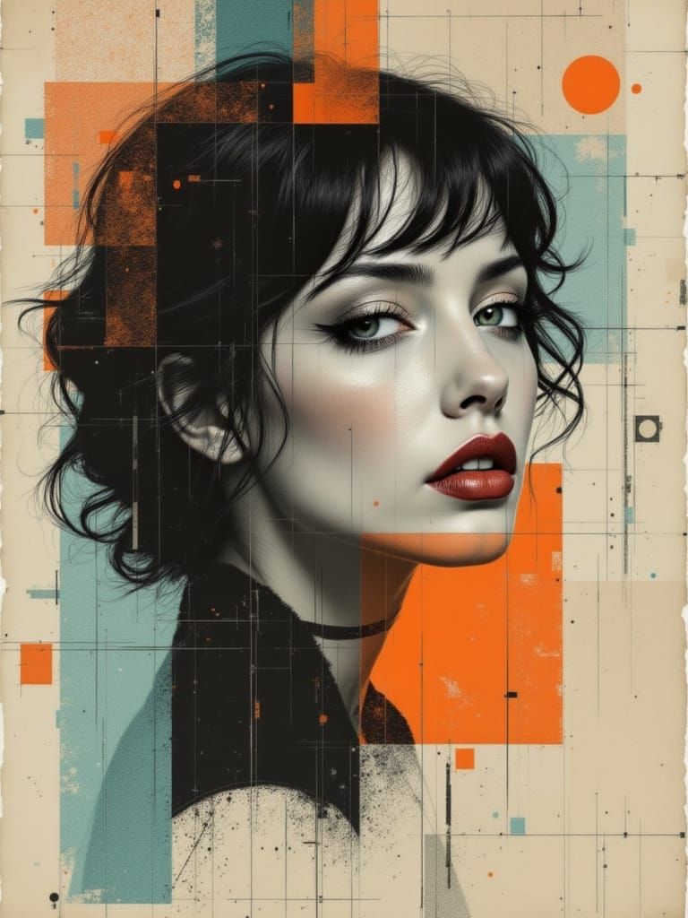 Expressive Portrait in Mixed-Media Abstract Style