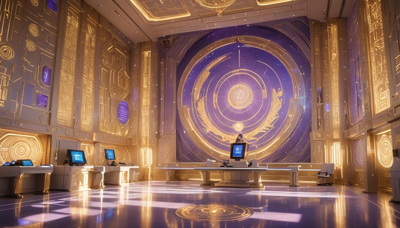 Futuristic Galactic Council Chamber in Golden Light