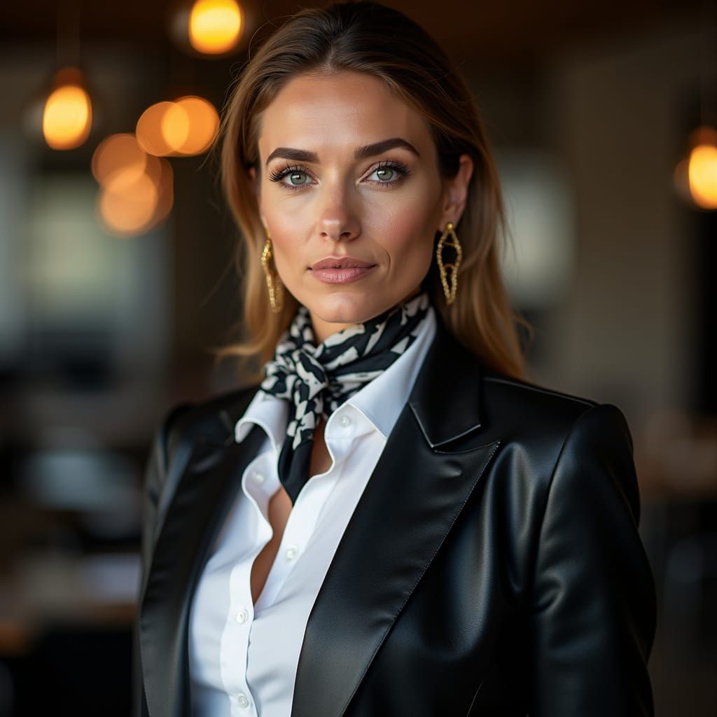 Confident Female CEO in Sharp Leather Suit
