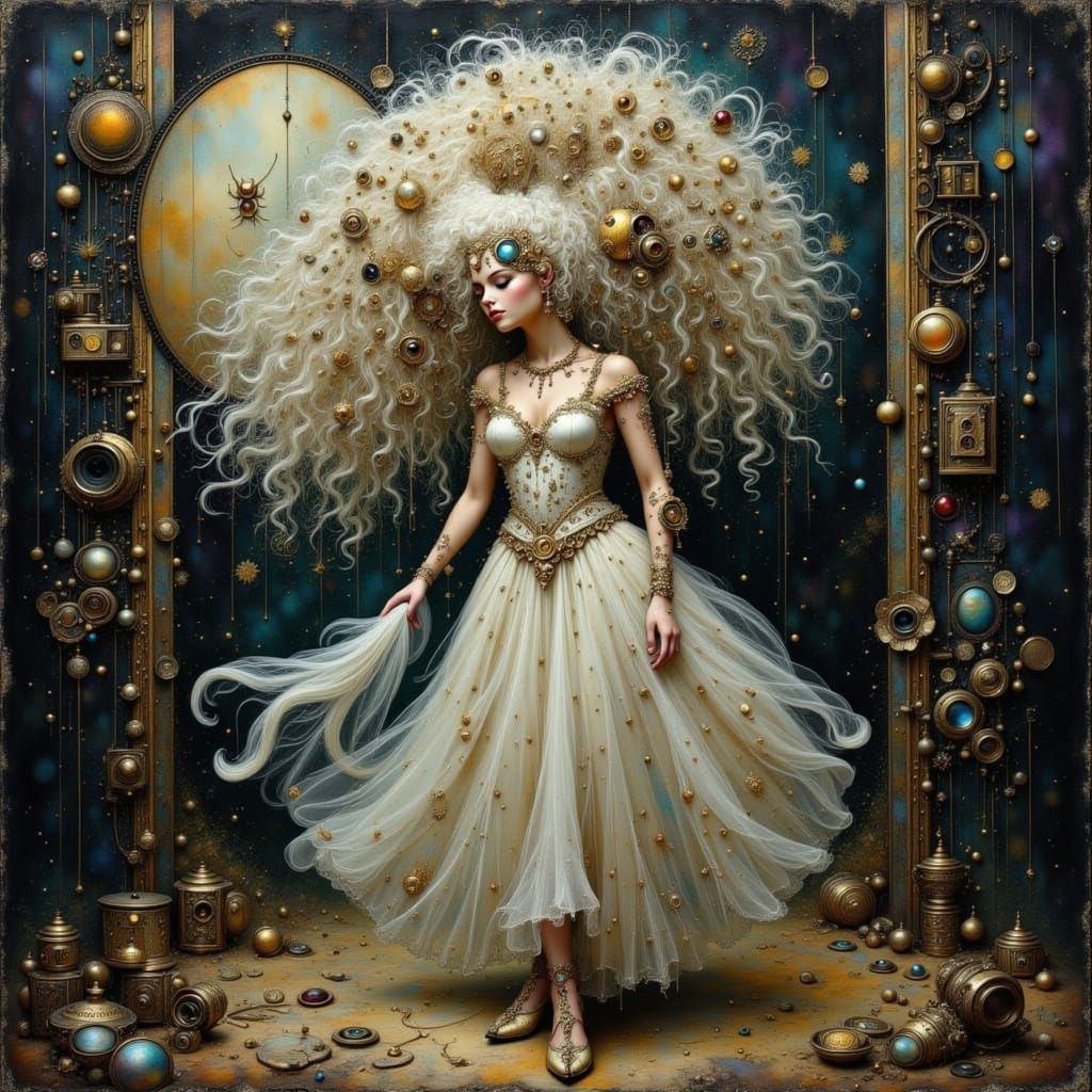 Woman in Iridescent Peacock Scale Dress