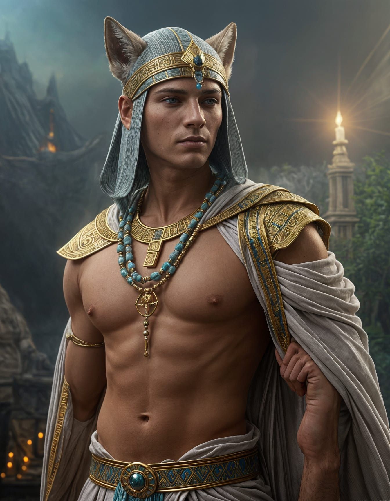 Ancient Egyptian God of Funerary Rites in Luxurious Linen Ro...