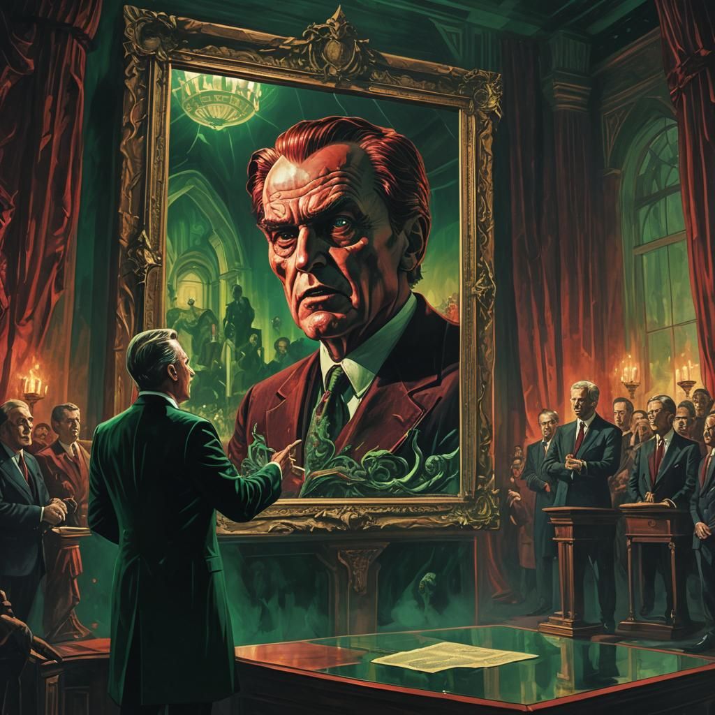 Politician's Dark Reflection: A Matte Painting in Crimson an...
