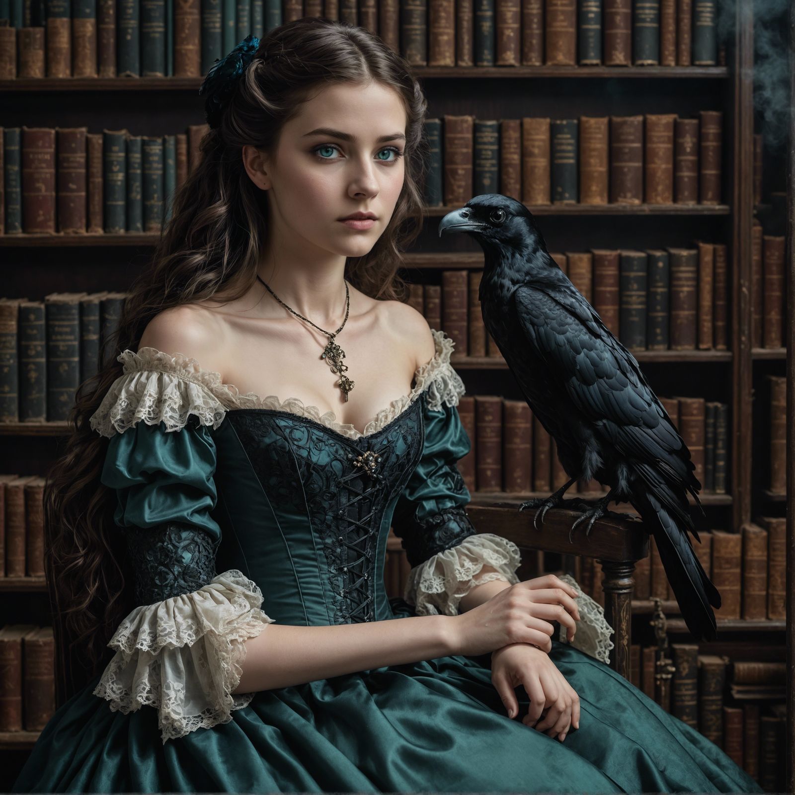 Victorian Scholar Thief in Spooky Library, Digital Art