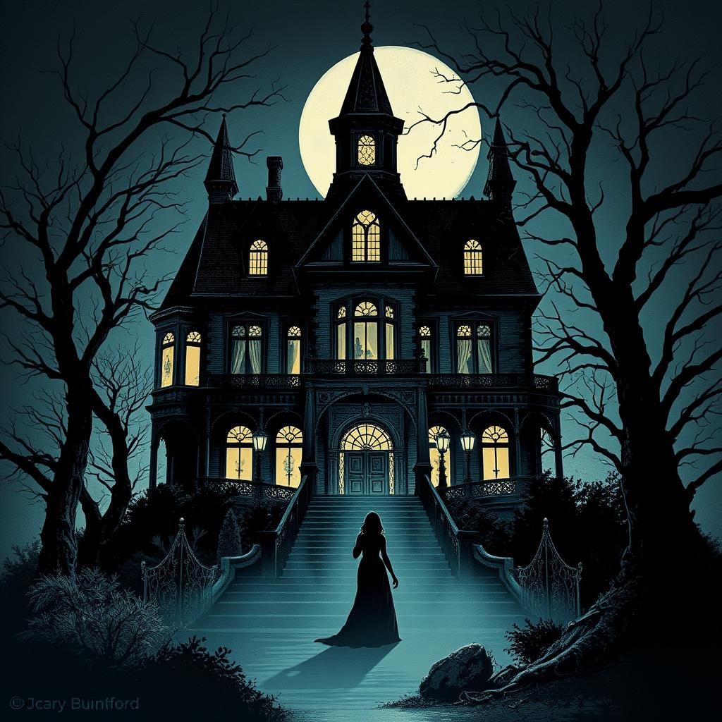 Haunted Mansion Silhouette in Comic Book Style