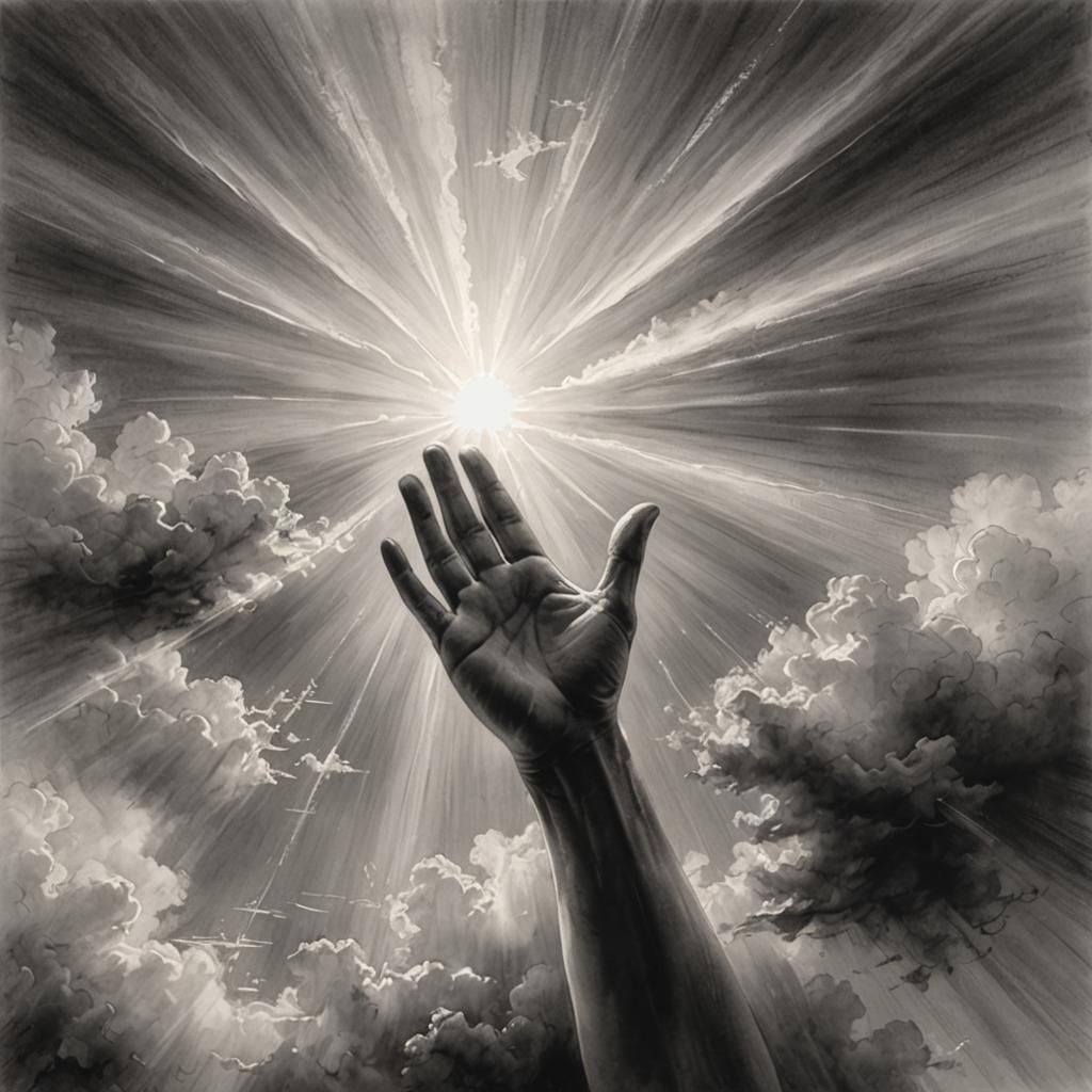 Arm Reaching to the Heavens in Ink Painting Style