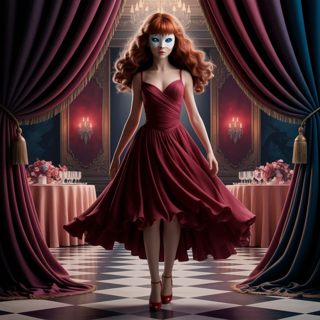 Woman with Mask in Opulent Ballroom