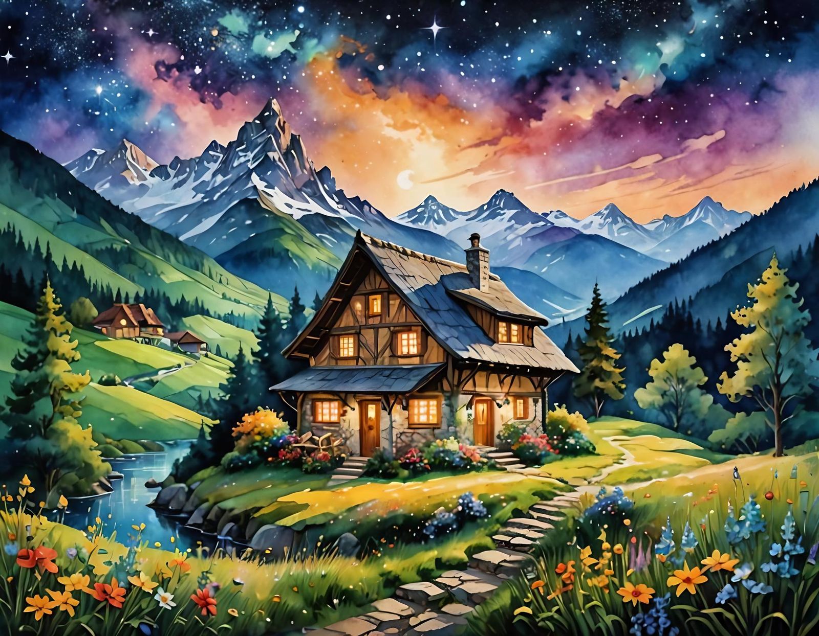 Magical Starry Night Alps Cottage Watercolor Illustration