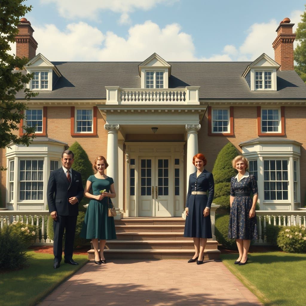 Elegant Family Gathered in Front of a Grand Mansion in 1950s...