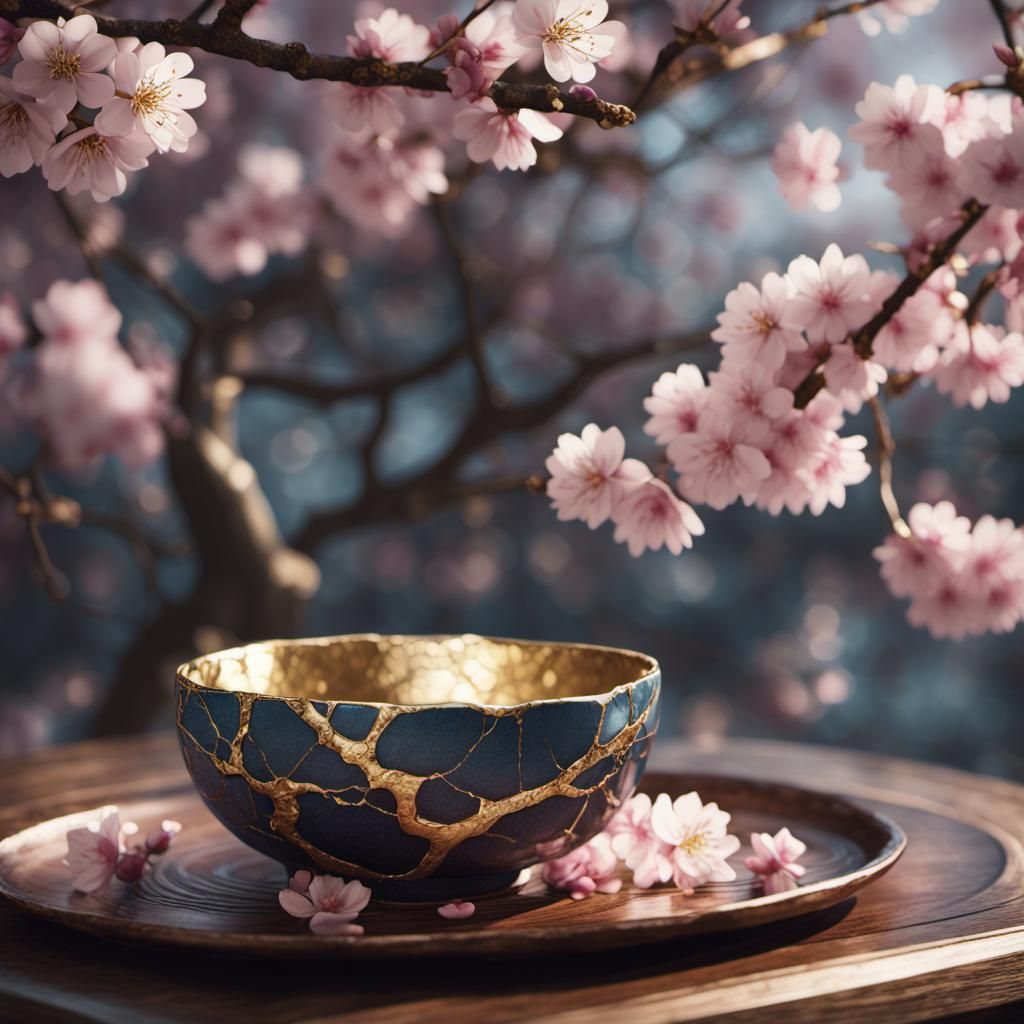 Kintsugi Cup with Sakura Blossoms Still Life