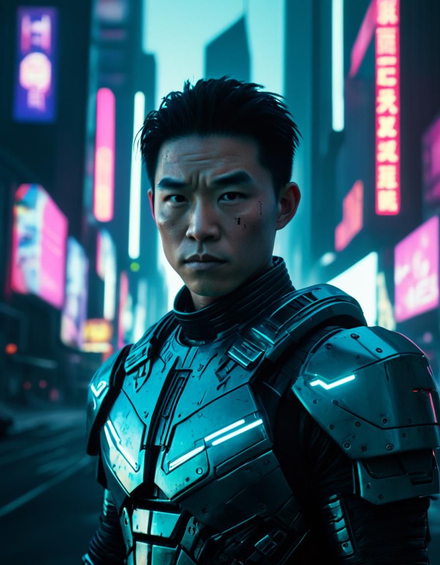 Cyberpunk War Protagonist in Retrowave Cityscape