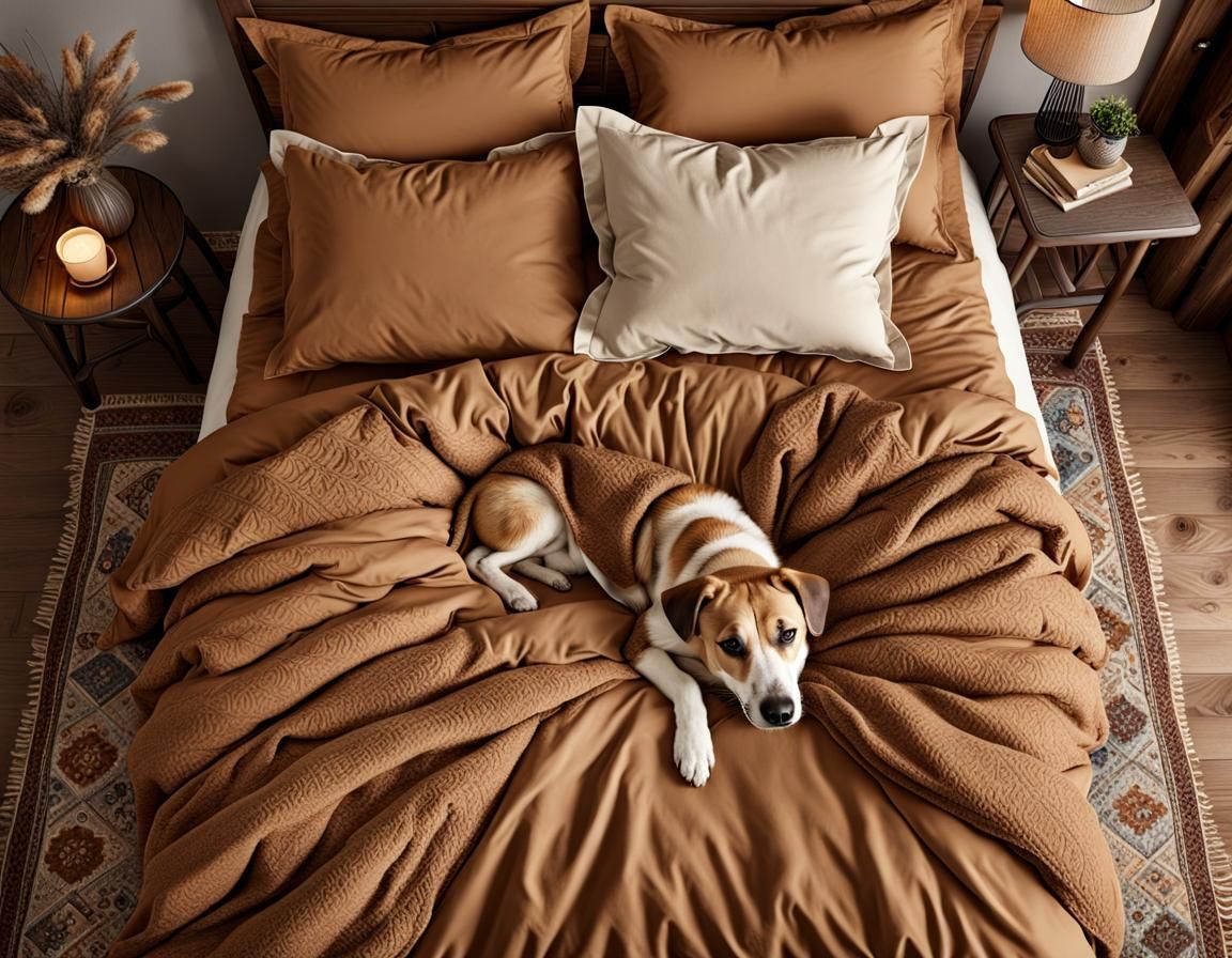 Cozy Cabin Bed with Dog, Digital Art