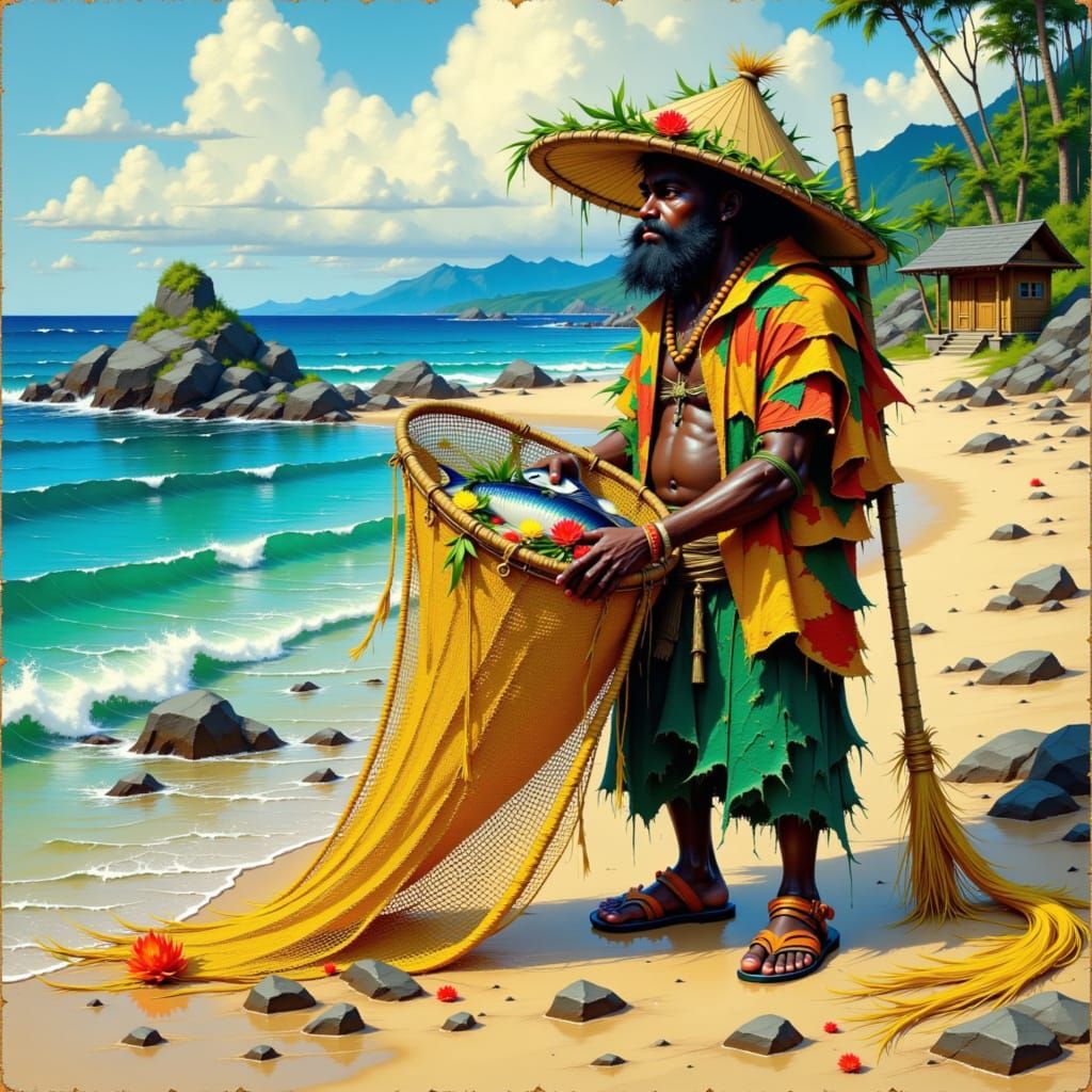 Maui Fisherman Kuula on Hāna Shoreline in Hawaiian Folk Art