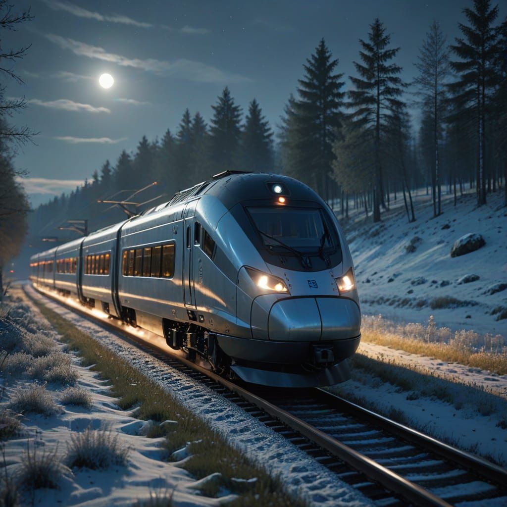 High-Speed Train in Snowy Winter Landscape at Night