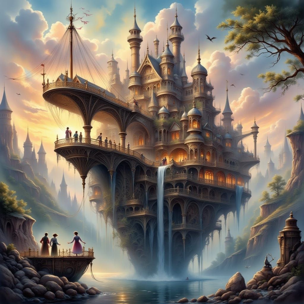 Steampunk Airship Dock on Floating Island