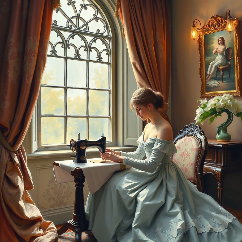 Impressionist Woman Sewing in Sunlit Room