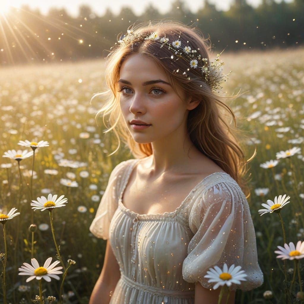 Ethereal Girl in a Field of Daisies, Whimsical Fantasy Illus...