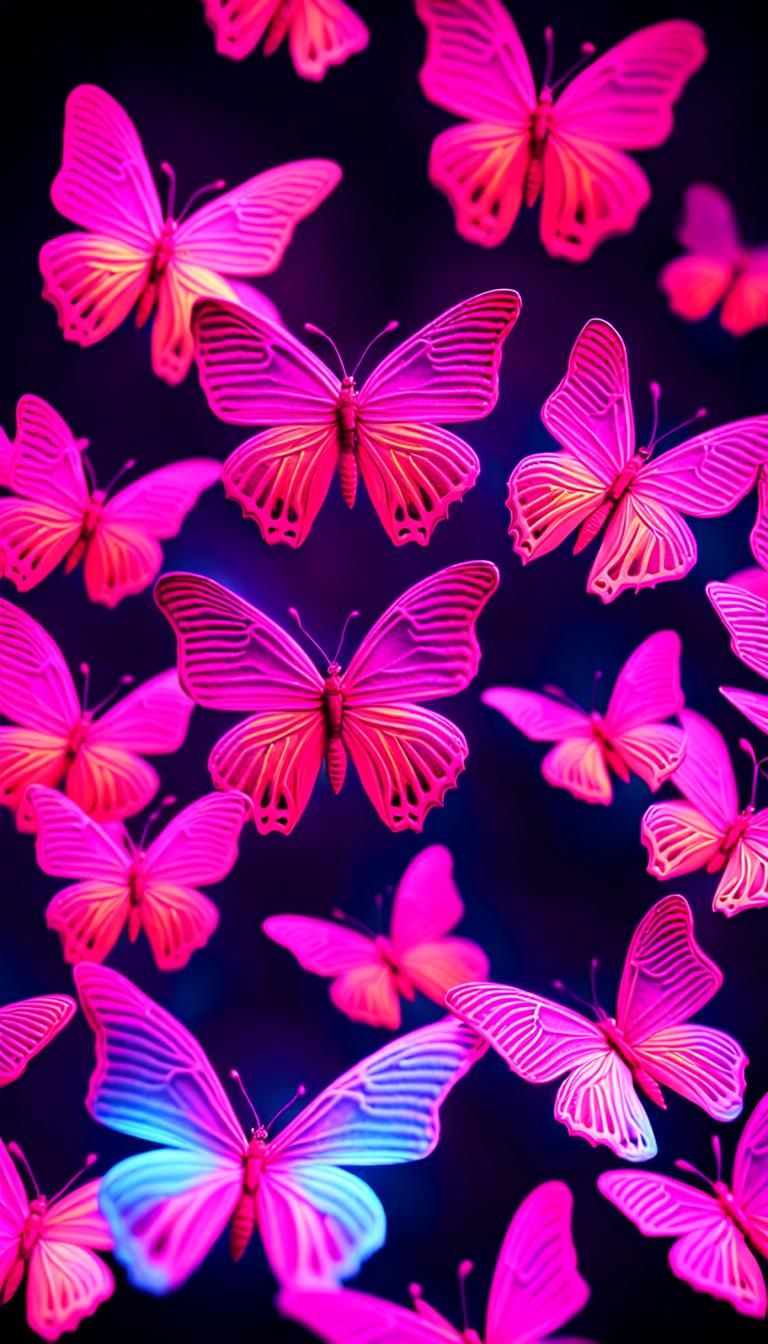 Neon Surrealism: Pink Butterflies in Iridescent Light