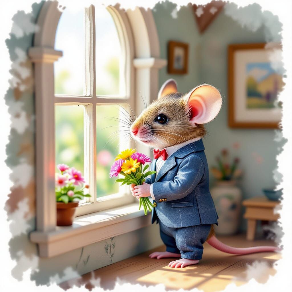 A shy male mouse with a flowers...