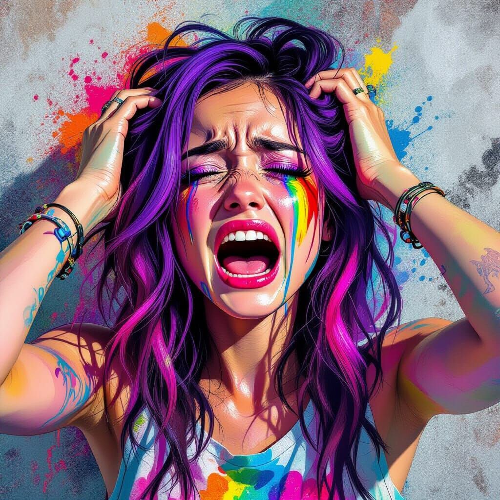 Girl Crying Rainbow Tears in Graffiti Street Art Style