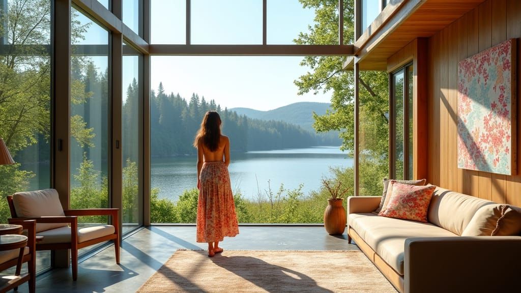 Woman in Sunny Atrium with Lake View