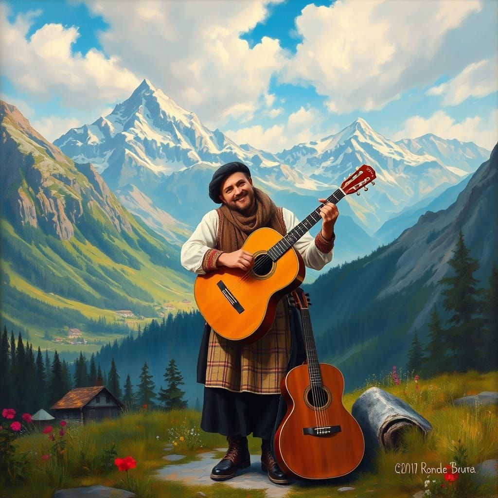 Romantic Swiss Alps Scene in Oil Painting Style