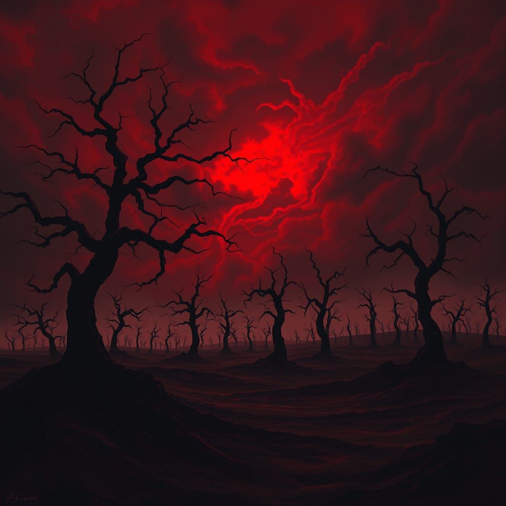 Eerie Crimson Landscape with Ominous Trees