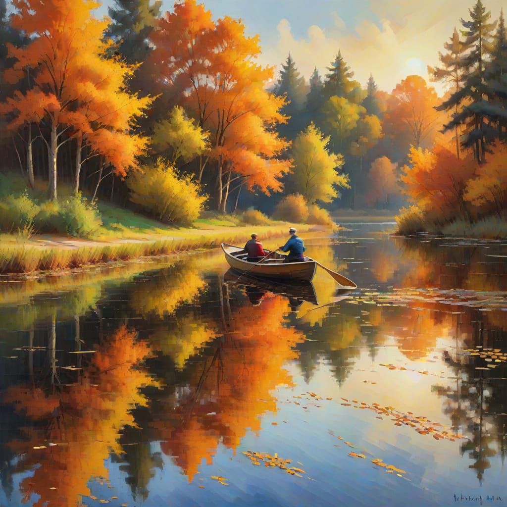 Impressionist Autumn Landscape with Rowboat