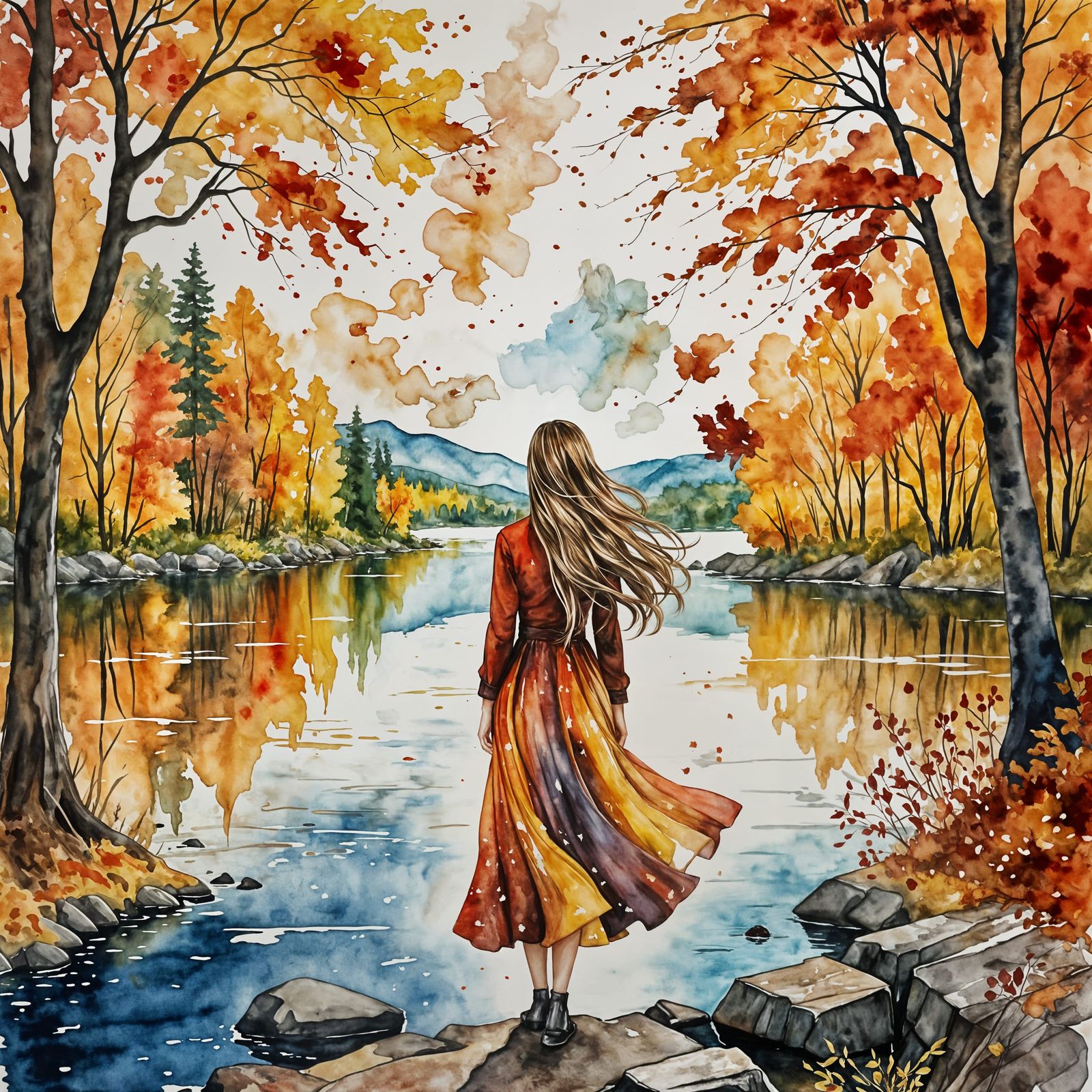 Woman Gazing at Autumn Lake in Watercolor Style